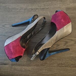 Women's Suede/Leather Colorblock Peep-Toe Slingback Heels - Pink/Gray/Blue 5"